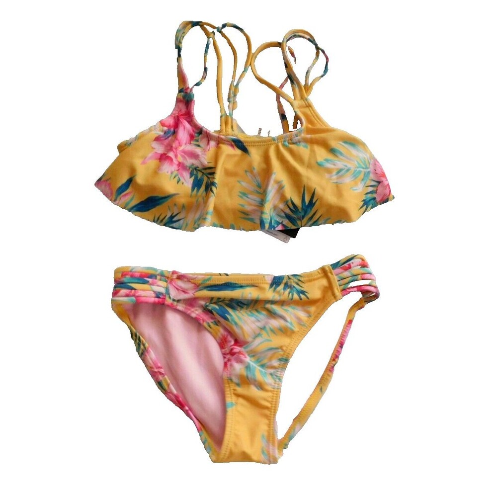 Volcom Ruffled Flower Crop Bikini Set Girls sz 8 Floral Yellow
